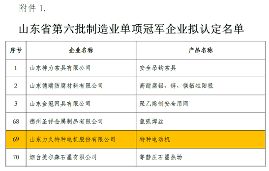 山東省第六批制造業(yè)單項(xiàng)冠軍企業(yè)名單